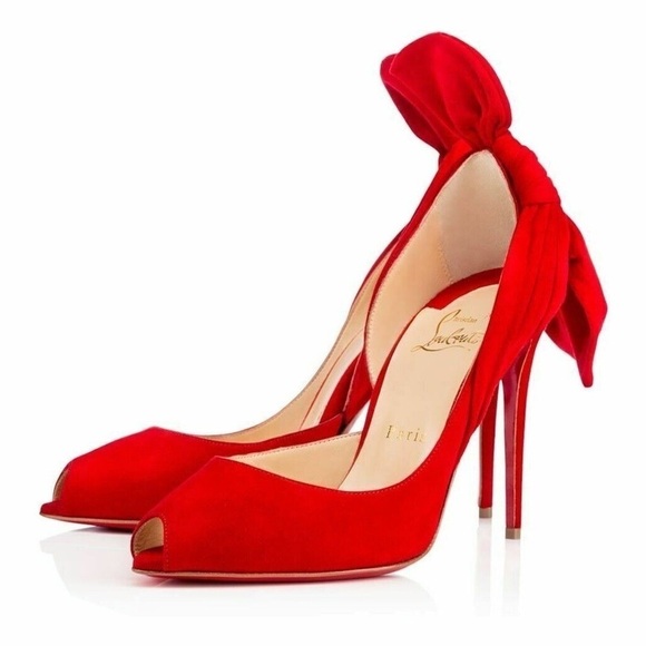 Christian Louboutin Barbara 100 Oeillet Red Suede Peep Toe Bow Heel Pumps - Picture 7 of 13